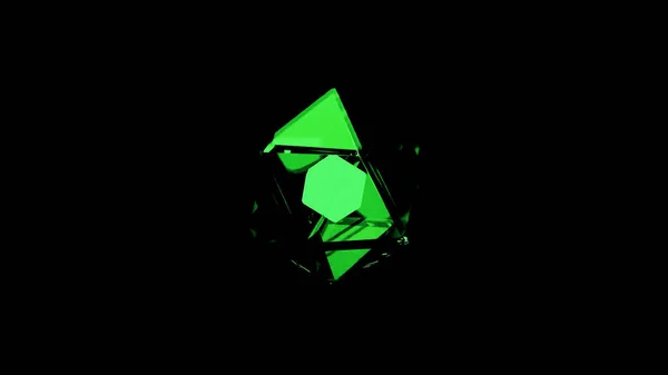Αφηρημένη περιστρεφόμενη γυάλινη διάφανη φιγούρα icosahedron με ένα λαμπερό κύβο μέσα σε μαύρο φόντο. Σχέδιο. Γεωμετρικό σχήμα με τριγωνικές όψεις που περιβάλλεται από κινούμενο σμήνος σωματιδίων. — Φωτογραφία Αρχείου