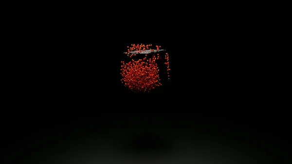 Close up de cubo vermelho girando cercado por quantidade infinita de esferas minúsculas. Desenho. 3D girando cubo escuro está sendo enxameado por pequenas partículas de forma redonda. — Fotografia de Stock