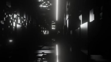 Fütürist gölgeli uzaylı küp tünelinde uçuyor, kusursuz döngü. Tasarım. Farklı küp ve ışık çizgilerinden oluşan sonsuz koridor.