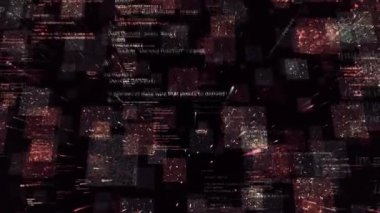 Modern dijital çağın bağlantı, karmaşıklık ve veri selini ileten teknoloji veri ikili kod ağı. Animasyon. 3B sanal alandaki dijital bilgi blokları.