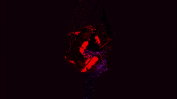 Abstrakte rotierende Glasfigur aus transparentem Ikosaeder mit einem leuchtenden Würfel im Inneren auf schwarzem Hintergrund. Design. Geometrische Form mit dreieckigen Flächen, die von einem sich bewegenden Partikelschwarm umgeben sind. — Stockvideo
