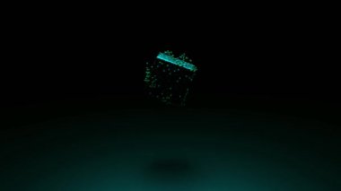 Etrafı sonsuz miktarda küçük kürelerle çevrili yeşil küpün dönüşünü kapat. Tasarım. 3 boyutlu dönen koyu küp, küçük yuvarlak parçacıklar tarafından istila ediliyor..