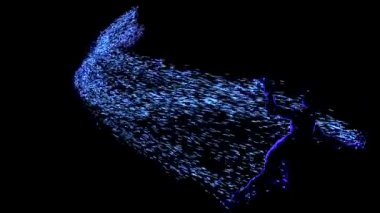 Parlayan parçacıkları olan bir adam. Tasarım. Kişi karanlıkta parlayan parçacık akıntısı bırakır. Siyah arkaplana düşen ışıldayan parçacıklardan oluşan bir siluet