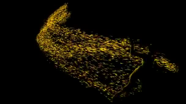 Muž se zářícími částicemi. Design. Osoba padá ve tmě a zanechává za sebou proud zářících částic. Silueta muže s chocholem zářících částic padajících na černé pozadí — Stock video