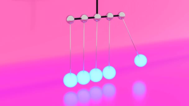 Bolas brilhantes no pêndulo de Newtons. Desenho. pêndulo Newtons 3D com bolas brilhantes em interação. Efeito calmante do berço Newtons — Vídeo de Stock