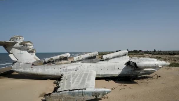 Luftaufnahme eines zerstörten, verlassenen Flugzeugs, das auf einer unbewohnten Insel in der Nähe des Meeres vor blauem Himmel gefunden wurde. Handeln. Konzept der Katastrophe und des Todes. — Stockvideo