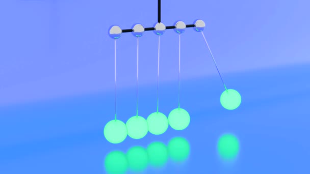 Animación con brillantes bolas Newton. Diseño. 3D Newtons péndulo para probar la ley en la física. Newtons Calmante péndulo con bolas móviles — Vídeo de stock