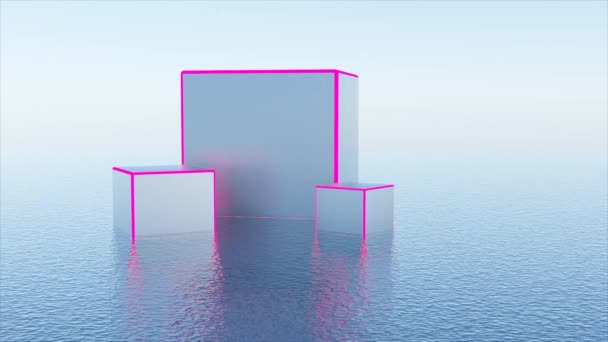 Virtual 3d decoration with cubes. Design. Stylish design of virtual scenery with cubes of different sizes and neon lines. Beautiful cubes with neon frames on isolated background — Stock Video
