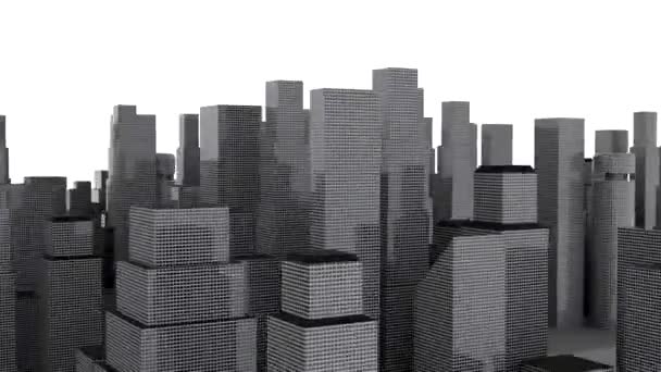 Layout of city med skyskrapor. Design. Virtuell 3D stad med höghus byggnader. 3D färg modell av staden med skyskrapor visas på vit bakgrund — Stockvideo