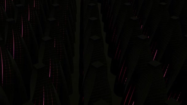 Streszczenie tła z wieloma rzędami słupów w kształcie stożka z wyciętymi górnymi i czerwonymi rozbłyskami światła. Projektowanie. Pole kolumn w paski 3D. — Wideo stockowe