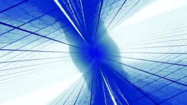 Binalar arası düşüşün animasyonu. Tasarım. Düşerken yansıması olan üç boyutlu cam duvarlar. Binalar arasında hızla sanal düşüşe geçin. Duvarlar arasında baş döndürücü bir düşüş.