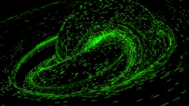 Fluxo 3D de partículas girando em espiral. Desenho. Partículas coloridas se movem em fluxo girando rapidamente. O fluxo de partículas é torcido em nó 3d — Vídeo de Stock