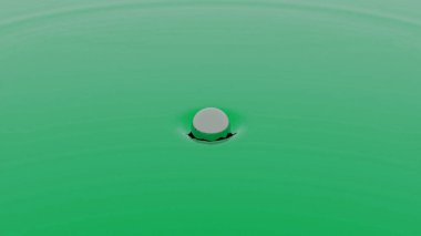 Sıvı yüzey üzerinde soyut zıplayan yeşil top, pürüzsüz döngü. Tasarım. Su yüzeyinde dalgalanmalarla dolu renkli bir küre..