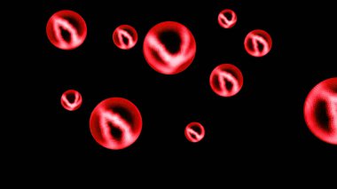 Soyut renkli şeffaf parlayan küreler siyah bir zemin üzerinde izole bir şekilde dönüyor, pürüzsüz bir döngü. Tasarım. Neon parlak, yuvarlak şekilli figürler durmadan dönüyorlar..