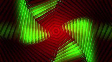 Dönen spiral şekilli, renk değiştiren, kusursuz döngülü uçan figürler. Hareket. Altıgenlerin soyut döner hareketi sonsuz bir koridor oluşturur.