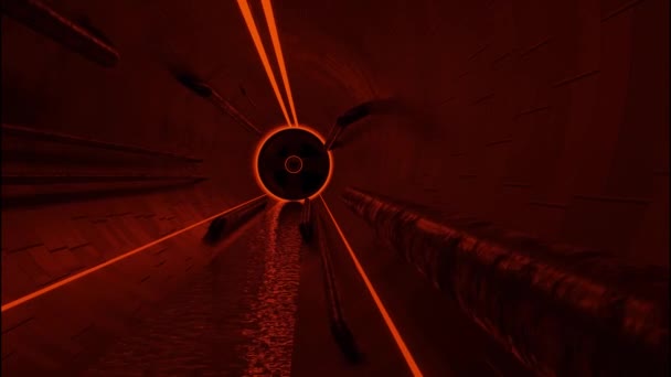 Se déplacer dans un tunnel abstrait d'égouts sombres avec des eaux usées et des tuyaux sales. Design. Vue à l'intérieur d'un long tunnel sombre avec un éclairage tamisé. — Video