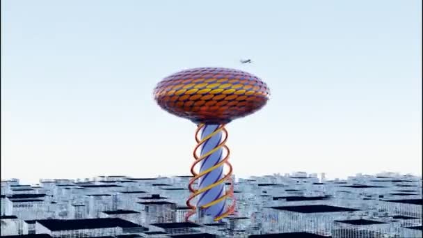 一座有着巨大螺旋形摩天大楼和明亮椭圆形屋顶的现代城市的抽象布局。设计。飞机在建筑物上方飞行的未来派建筑. — 图库视频影像