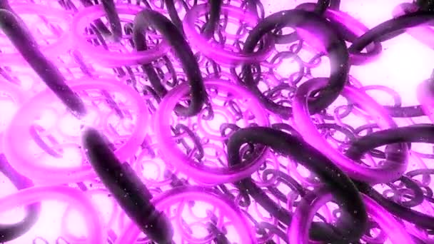 Анімація з багатьма кільцями, що обертаються в ланцюгах. Рух. Багато тривимірних кілець обертаються в ланцюгах, що випромінюють кольорове світло. Нескінченний простір обертання кольорових кілець в ланцюгах — стокове відео