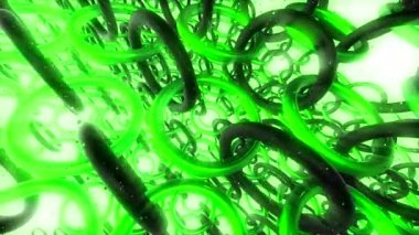 Dönen halkalar zincirinin animasyonu. Hareket. Dönen halkaları olan ve renkli ışık saçan bir sürü zincir. Zincirlerle dönen sonsuz halkalı uzay