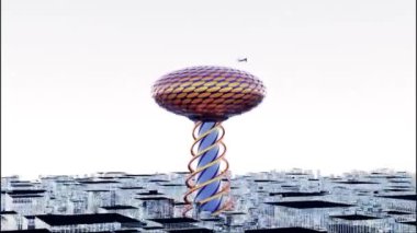 Parlak oval çatılı, devasa spiral şeklindeki gökdeleni olan modern bir şehrin soyut yerleşimi. Tasarım. Binaların üzerinde uçan bir uçakla gelecek mimarisi..