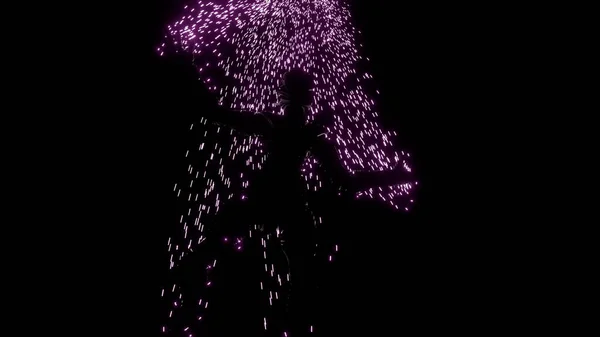 Human unrecognizable figure made of particles falling down with a trail of particles on a black background. Design. A soul of a person flying in space universe, seamless loop.