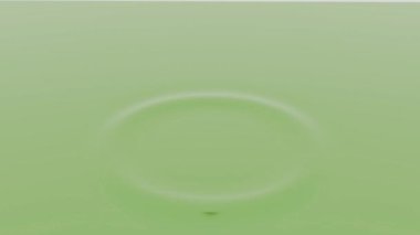 Sıvı yüzey üzerinde soyut zıplayan yeşil top, pürüzsüz döngü. Tasarım. Su yüzeyinde dalgalanmalarla dolu renkli bir küre..