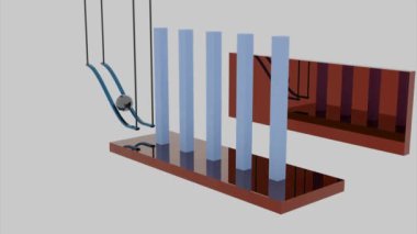 Hareket halindeki geometrik figürlerin renkli soyutlanması. Tasarım. Yuvarlanan top kıran küçük küp sütunları ve dev bloklar onları yüzeyden uzaklaştırıyor..