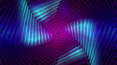 Dönen spiral şekilli, renk değiştiren, kusursuz döngülü uçan figürler. Hareket. Altıgenlerin soyut döner hareketi sonsuz bir koridor oluşturur.