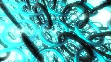 Dönen halkalar zincirinin animasyonu. Hareket. Dönen halkaları olan ve renkli ışık saçan bir sürü zincir. Zincirlerle dönen sonsuz halkalı uzay