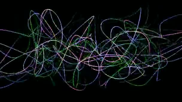 Fluctuations of colored tangled line. Motion. Colored line moves and curves on black background. Tangled line changes and vibrates — Stock Video