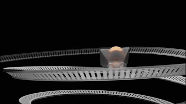 Sonsuz bükülmüş demiryolu, hareket eden bir arabası, sonsuz yaşam konsepti. Tasarım. Hiçliğe yolculuk, raylarda yuvarlanan küçük bir vagon.