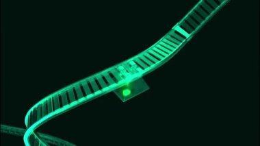 Soyut lunapark trenleri ve hareketli bir araba, kusursuz bir döngü. Tasarım. Raylarda yuvarlanan kristal küreli bir araba..