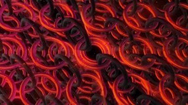 Kırmızı küre zincirlenmiş halkalar, pürüzsüz halkalar. Tasarım. Parlayan ve dönen birçok bağlı halkanın üst görünümü.