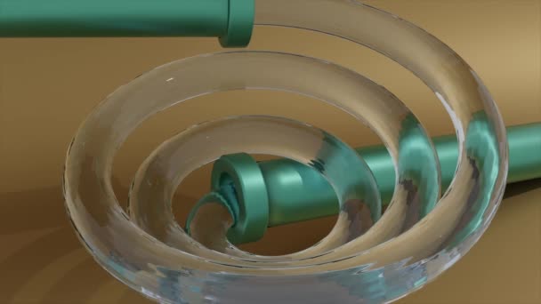 Tubi astratti turchese collegati da tubo trasparente a forma di spirale. Progettazione. Palle d'argento in movimento avanti e indietro all'interno di un tubo. — Video Stock