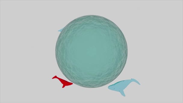 Fantezie cu suprarealism colorat, pești zburători în jurul sferei lichide. Design. Creaturi de mare înotând în jurul mingii mari, buclă fără sudură . — Videoclip de stoc