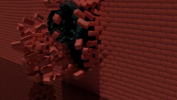 Bryta röd tegelvägg animation som förstörs av heavy metal sfärer. Design. Ruinerad röd tegelvägg med svart boll hängande på kedjor. — Stockvideo