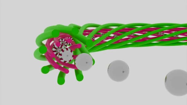 Animación 3D de bolas moviéndose en espiral. Diseño. Las bolas se mueven en formación en un estrecho túnel giratorio. Las bolas se mueven en espiral y se transforman — Vídeo de stock