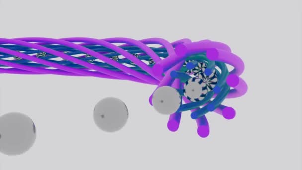 3D animace míčků pohybujících se ve spirále. Design. Koule se formují do úzkého rotujícího tunelu. Míče se pohybují ve spirální linii a transformují — Stock video