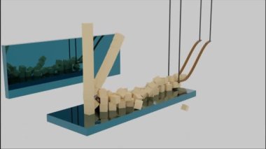 Yuvarlanan küre ile Geometrik soyutlama küçük küp kuleleri kırıyor. Tasarım. Sütunlar bej küplere ayrılıyor.