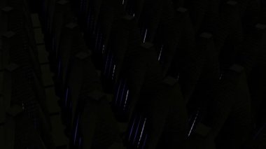 Neon hareketli çizgilerle kaplı birçok uzun üç boyutlu nesneli karanlık desen. Tasarım. Siyah arkaplanda dönen düz kesimli koni figürleri dizileri.