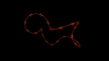 Renkli neon ışıklı kürelerin çok hızlı hareket ettiği soyut bir döngü çizgisi. Tasarım. Dar çizgi ve çalışan sinyaller siyah arkaplanda izole ediliyor.