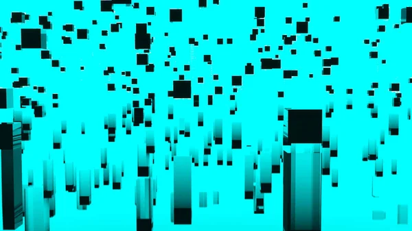 Lote de cubos no espaço do computador com reflexão. Desenho. Os cubos sobem em fluxo sobre fundo isolado. Lote de cubos pretos se movem e se refletem no mundo paralelo — Fotografia de Stock