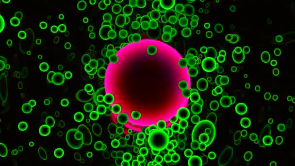 Círculo colorido com esfera de muitas partículas em movimento. Desenho. Animação de partículas em movimento caoticamente rápido em torno da célula viral. Imagem de célula viral em forma de círculo colorido e partículas em movimento — Vídeo de Stock