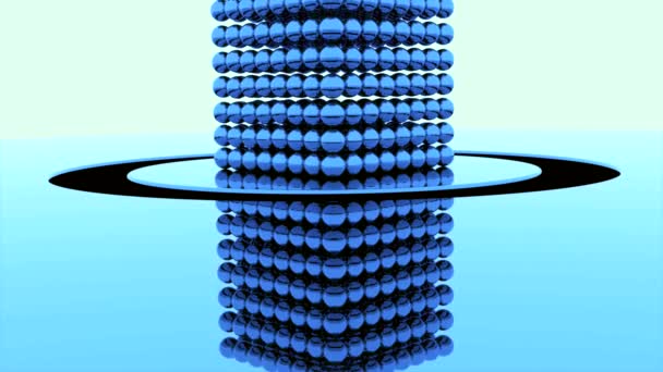 Cube of balls disintegrates on isolated background. Design. 3D cube descends to surface and splits into small balls. Cube breaks up into balls falling into abyss around te circle — Stock Video