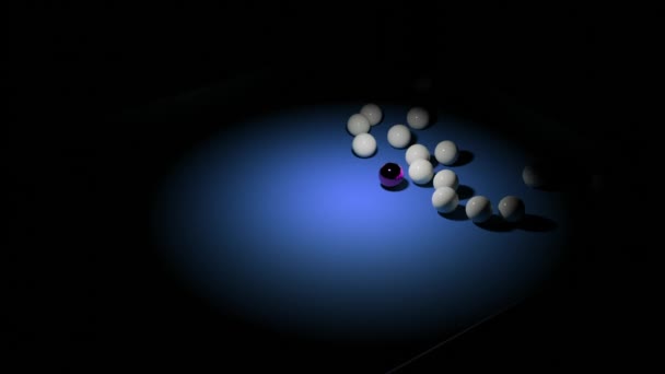 3D billiard animation. Design. Selective light over triangle of balls on billiard table. Breaking triangle of billiard balls — Stock Video