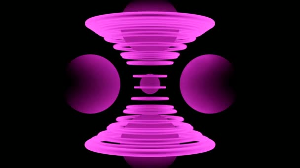 Bolas em espiral de anéis. Desenho. espiral 3D de anéis de ampulheta no fundo preto. Anéis se movem criando campo gravitacional para bolas — Vídeo de Stock