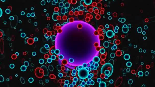Célula viral con partículas en movimiento. Diseño. Animación abstracta de la célula del virus del círculo con partículas en movimiento. Esfera de partículas de movimiento rápido alrededor del círculo sobre fondo negro — Vídeo de stock