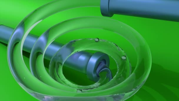 L'acqua si muove in tubo a spirale. Progettazione. Animazione 3D di acqua che sale tubo a spirale in tubo. Acqua si muove verso l'alto tubo a spirale trasparente su sfondo colorato brillante — Video Stock