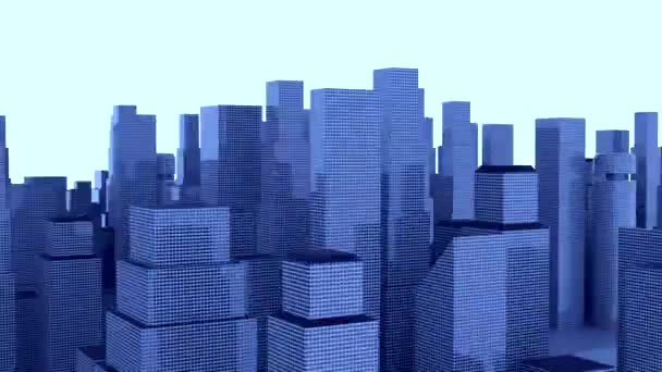 Розкладка міста з хмарочосами. Дизайн. Віртуальне 3D-місто з багатоповерхівками. 3D-кольорова модель міста з хмарочосами відображається на білому тлі — стокове відео