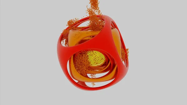 Abstrakter roter und gelber Würfel mit geglätteten Winkeln und orangen Partikeln. Design. Ungewöhnliche geometrische Figur mit fliegenden kleinen Punkten auf schwarzem Hintergrund. — Stockfoto